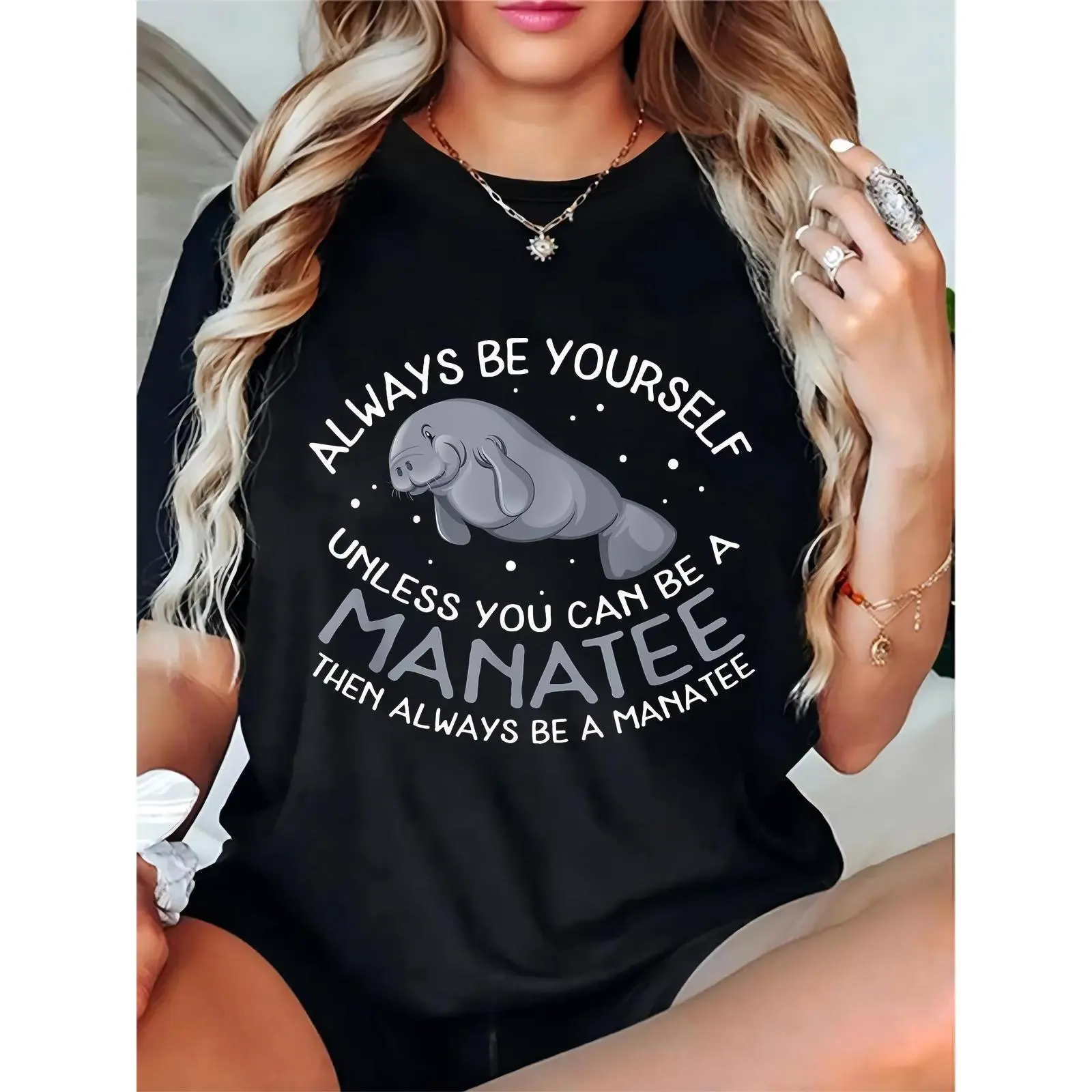 Funny Manatee Graphic Tee for Women, Casual 100% Cotton Short Sleeve Crewneck, Lightweight and Breathable for Summer, Tshirt, Fit, Crew Neck, Round Neck, Graphic Front, Pure Cotton, Skirts, Comfortable