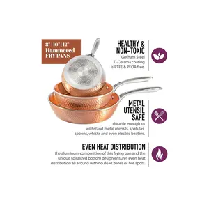 Gotham Steel Hammered Frying Pan Set, 3 Piece Nonstick Copper Fry Pans, 8”, 10” & 12” Skillet, Omelet Pan, Cookware, PFOA Free, Dishwasher Safe, Cool Touch Handle