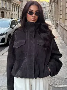 Women's Jacket Faux Suede Jacket Demi-Season 2026 Ladies Fashion Oversized Casual Darkgrey Long Sleeve Big Pockets Outerwears Weekend Outings & Fashion Shoots Jackets Coats Womenswear