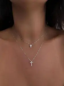 Women's Copper Box Chain & Cross Necklace Set, Unique Layered Design, Casual Style, All Seasons Jewelry, Plain Pattern, Coptic Cross Necklace