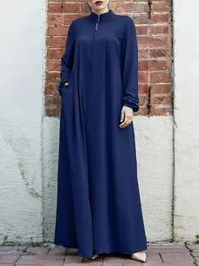 Fashionable Women's Simple Solid Color Vintage Stand Collar Zipper Long Loose Arab Abaya Dress, Modesty Muslim Clothing, Modest All Seasons Islamic Abaya