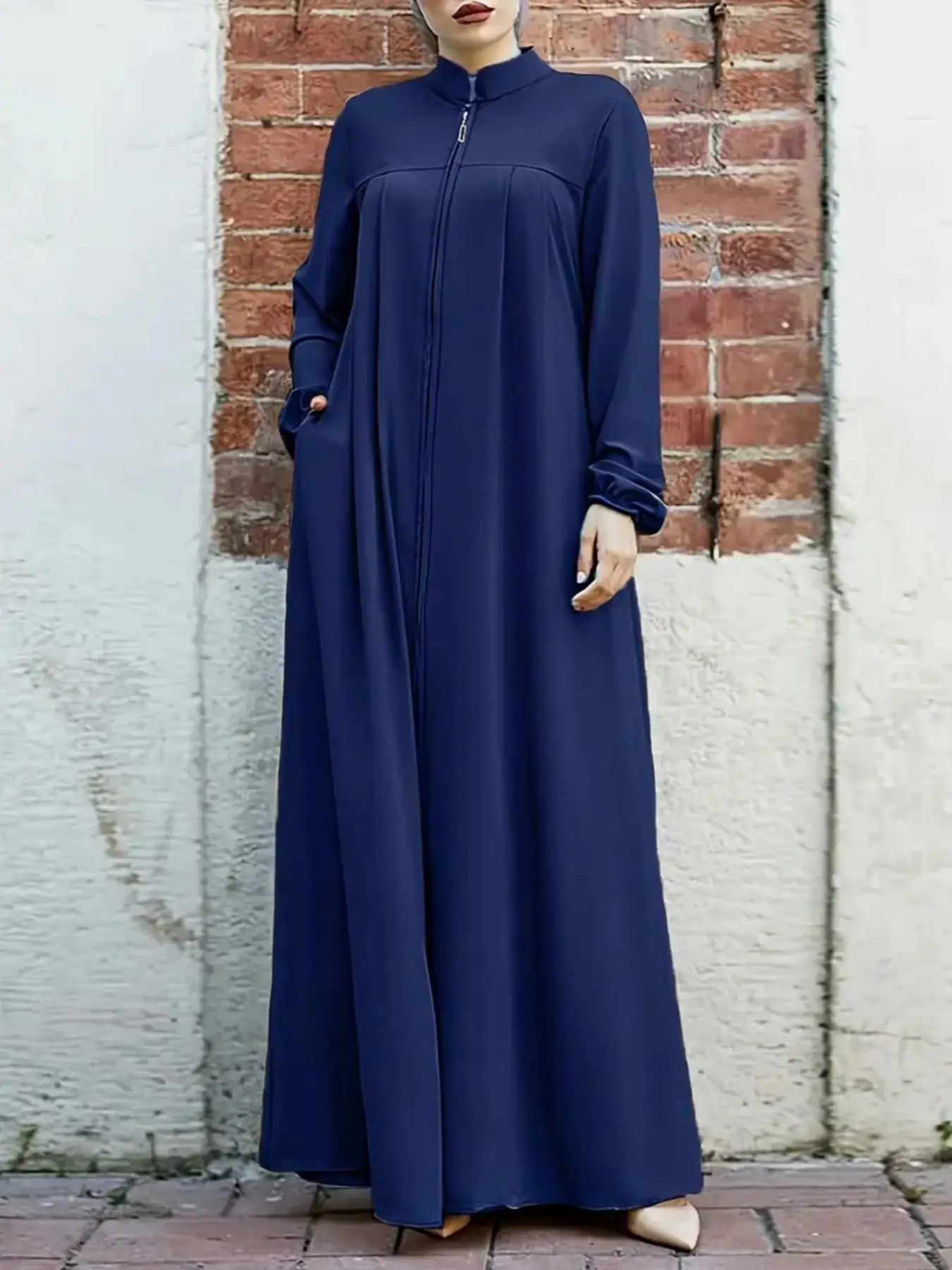 Elegant Women's Modest One-Piece Dress, Loose-Fit Woven Fabric, Zipper Design, All-Season Wear, Plain Color, Comfortable Fit, Modest style dress