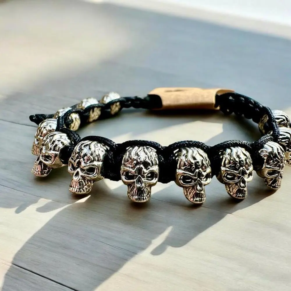 Skull Bead Adjustable Black Braided Cord Bracelet
