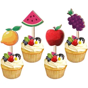 16PCS Fruit Cupcake Toppers Wooden Watermelon Apple Lemon Grapes Cupcake Toppers for Summer Fruit Birthday Party Baby Shower Decorations Supplies