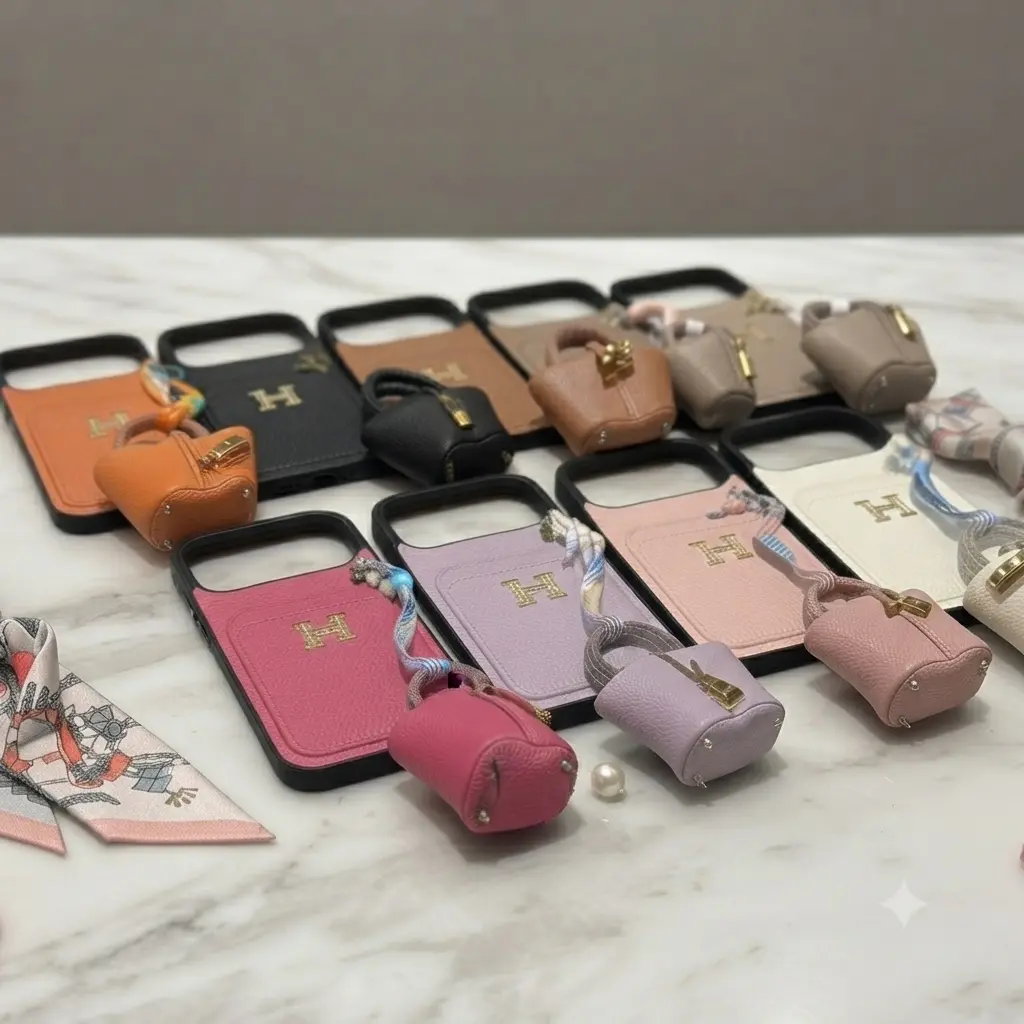 Luxury Pebbled Leather iPhone Case with Card Holder & Mini Earbuds Case Keychain