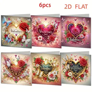 Valentine's Day DIY Diamond Painting Card Set, Unique Handmade Design, Rose Flower and Heart Theme, High-Quality Paper, 6 Pieces, Diamond Painting Kits