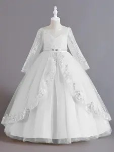 Kids Clothes Sequins Long Sleeve Ball Gown Children Performance Princess Formal Evening Party Pageant Prom Host Cocktail Dress White Flower Girls for all Season 4 to 9 Years