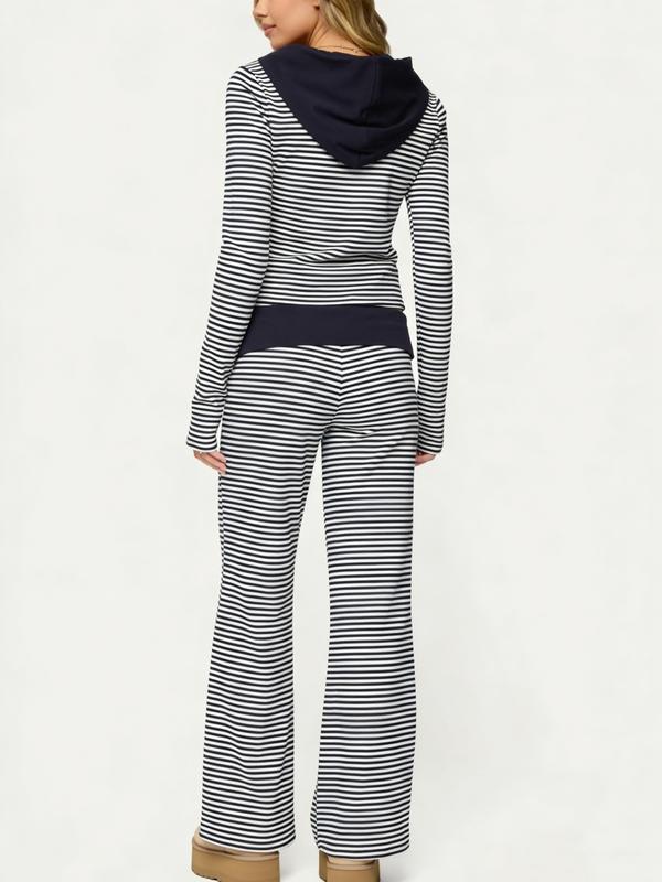 Women's 2 Piece Casual Outfits Long Sleeve Zip Up Hooded Striped Tops Wide Leg Pants Sets