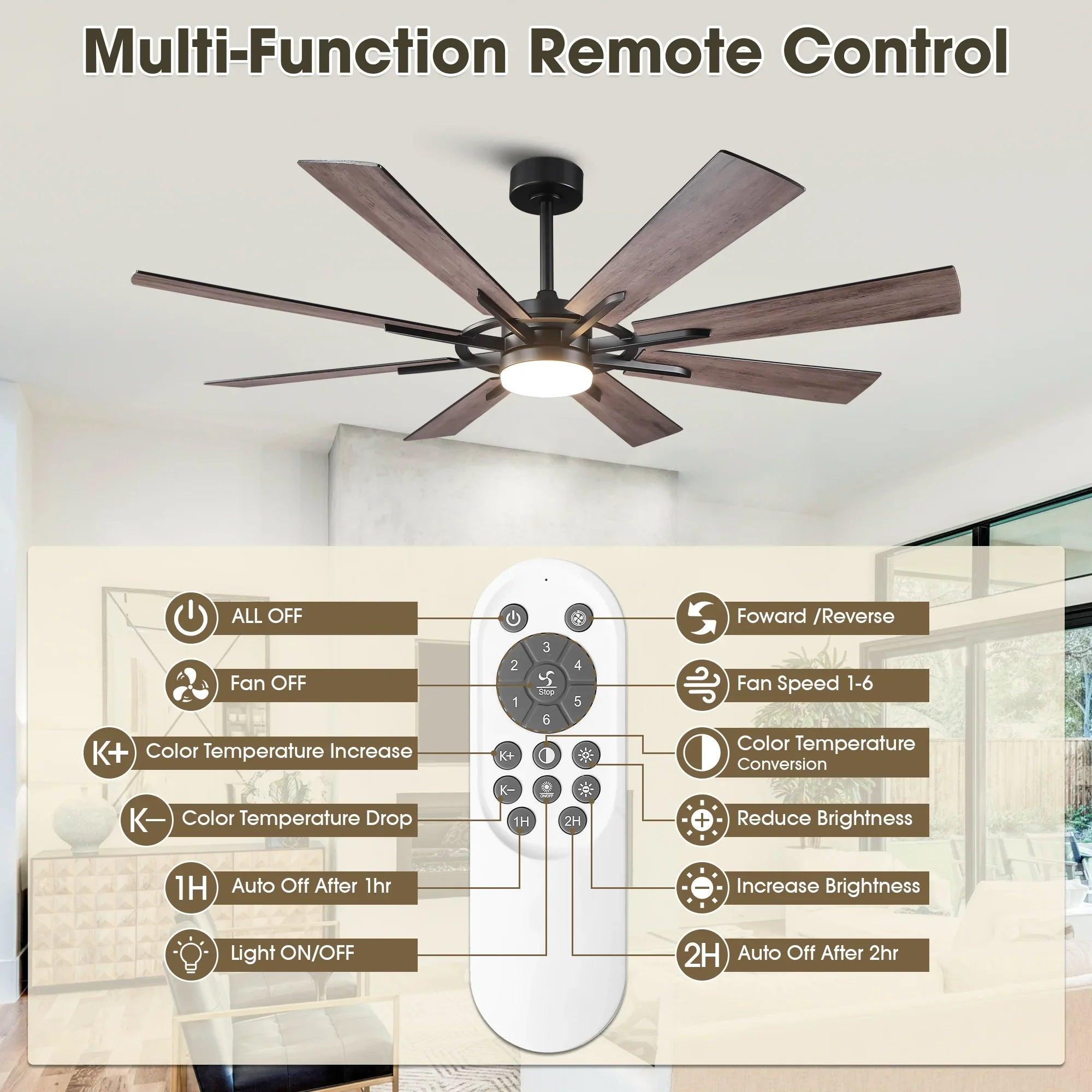 60/72 Inch Windmill Style Ceiling Fan Downrod Mount LED Light with APP & Remote Control