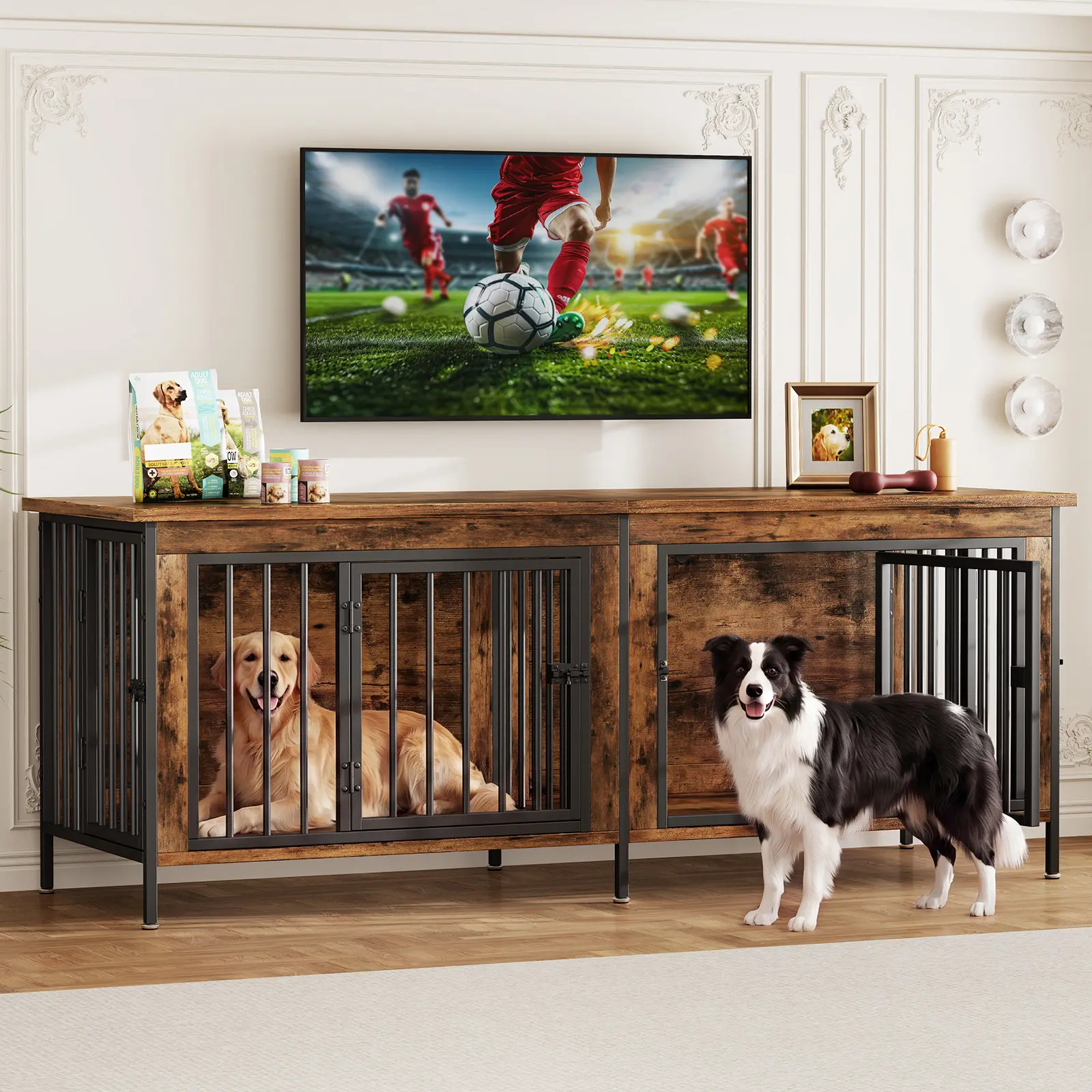 Heavy Duty Wooden Dog Crate Furniture - 54/63 Inch Double Indoor Kennel with Divider, TV Stand Top for 1/2 Dogs, Pet House Console