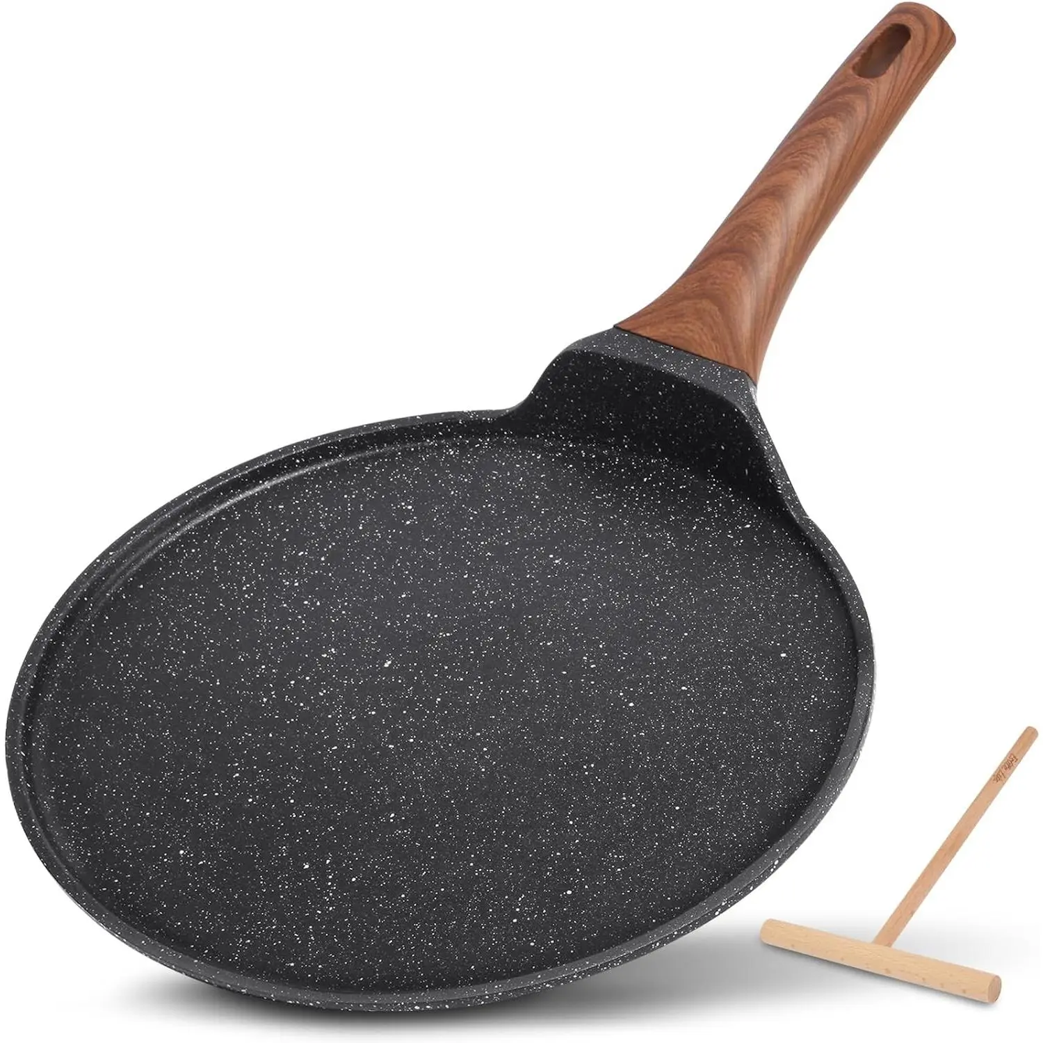 9.5 Inch Crepe Pan with Spreader, Nonstick Ceramic Flat Skillet Dosa Tawa Comales Para Tortillas Pancake Pan, PTFE & PFOA Free, Black