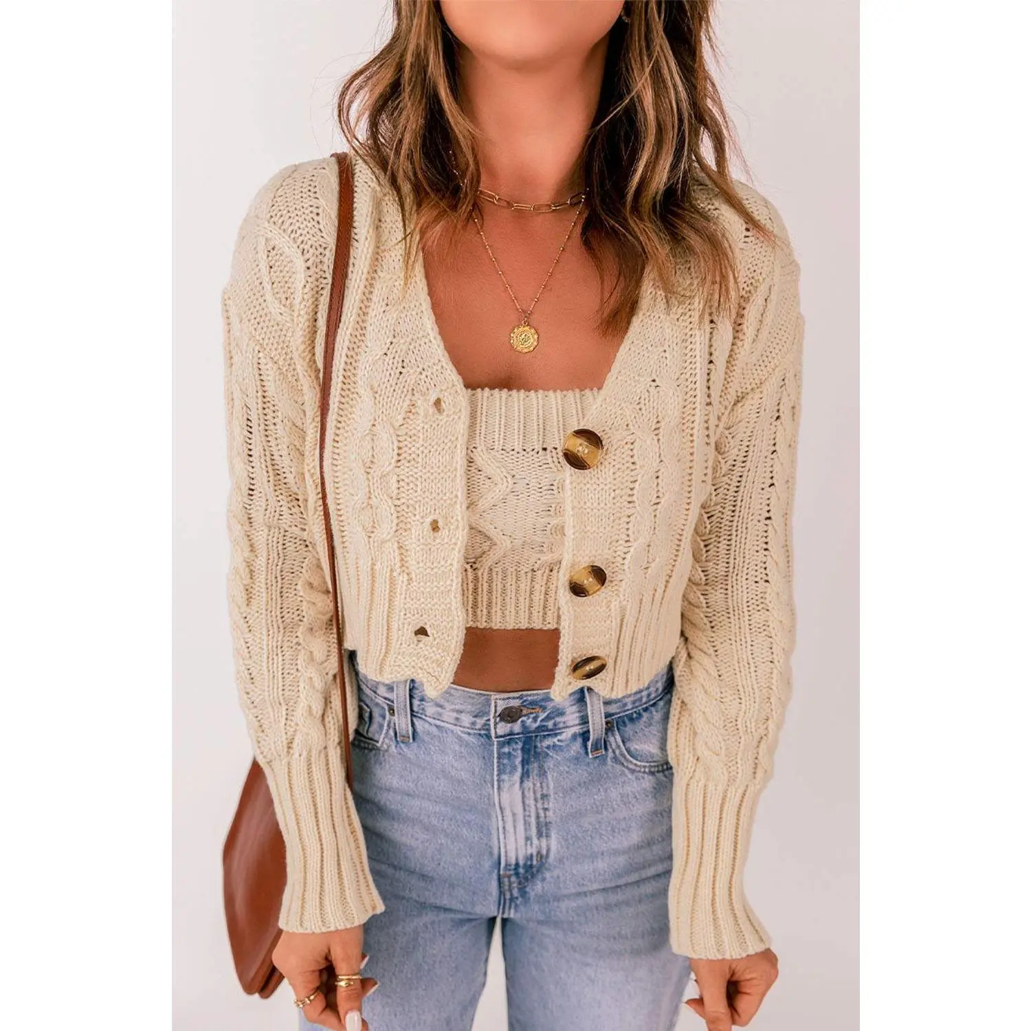 Cable-Knit Cropped Cardigan and Cami Set