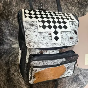 Black and White Hair on Hide Backpack with Checkerboard Design and Cowhide Accents