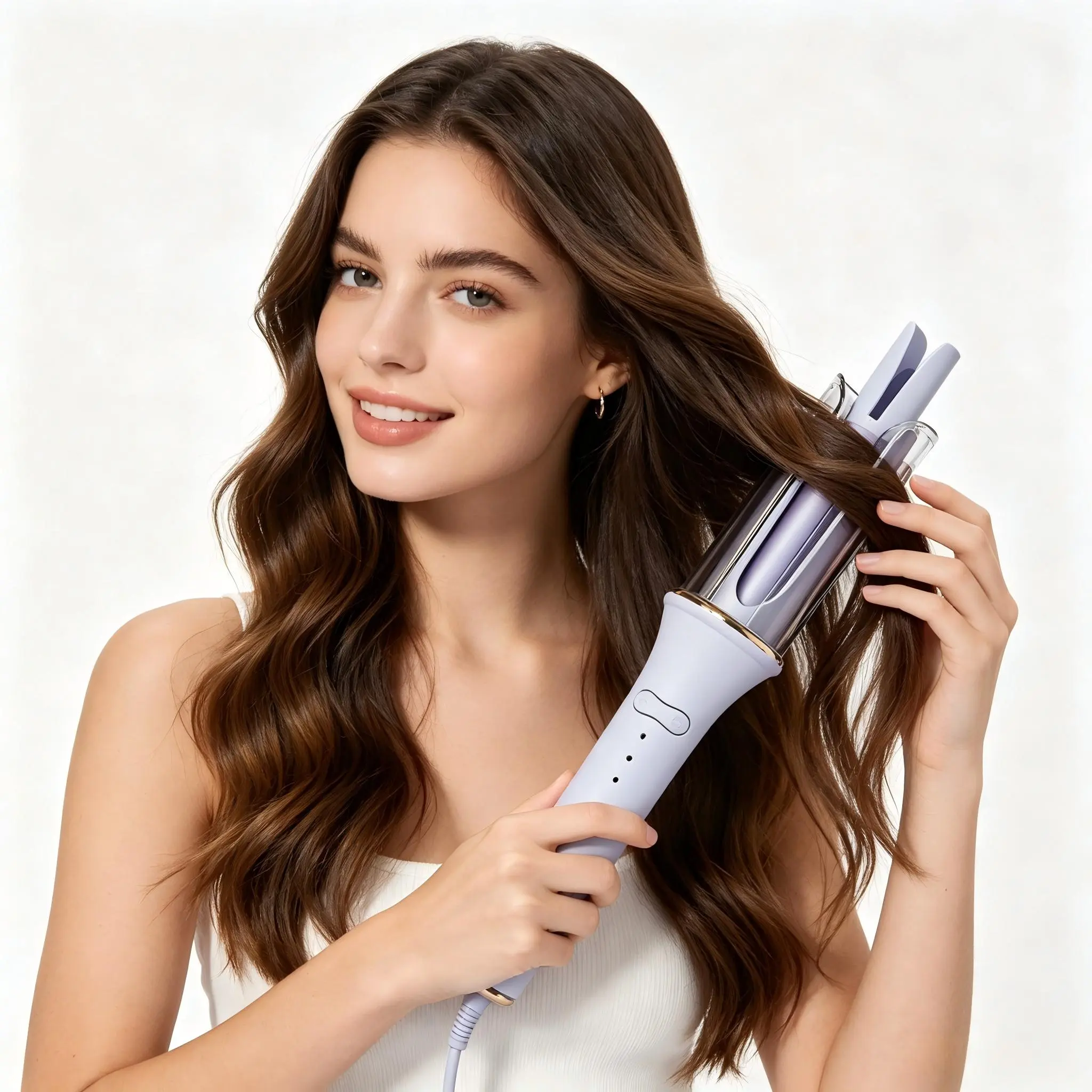 Auto Rotating Curling Iron, 5 min quick styling, one touch, long-lasting, 3 temperature settings, anti-scald, auto shut-off, all hair types, US plug #SummerVibes