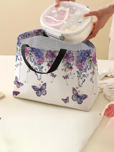 Floral & Butterfly Pattern Lunch Bag, Large Capacity Insulated Bag, Portable Lunch Box Bag for Women & Men, Dinner Bag for Camping Student Picnic Food, Lunch Cooler Bag