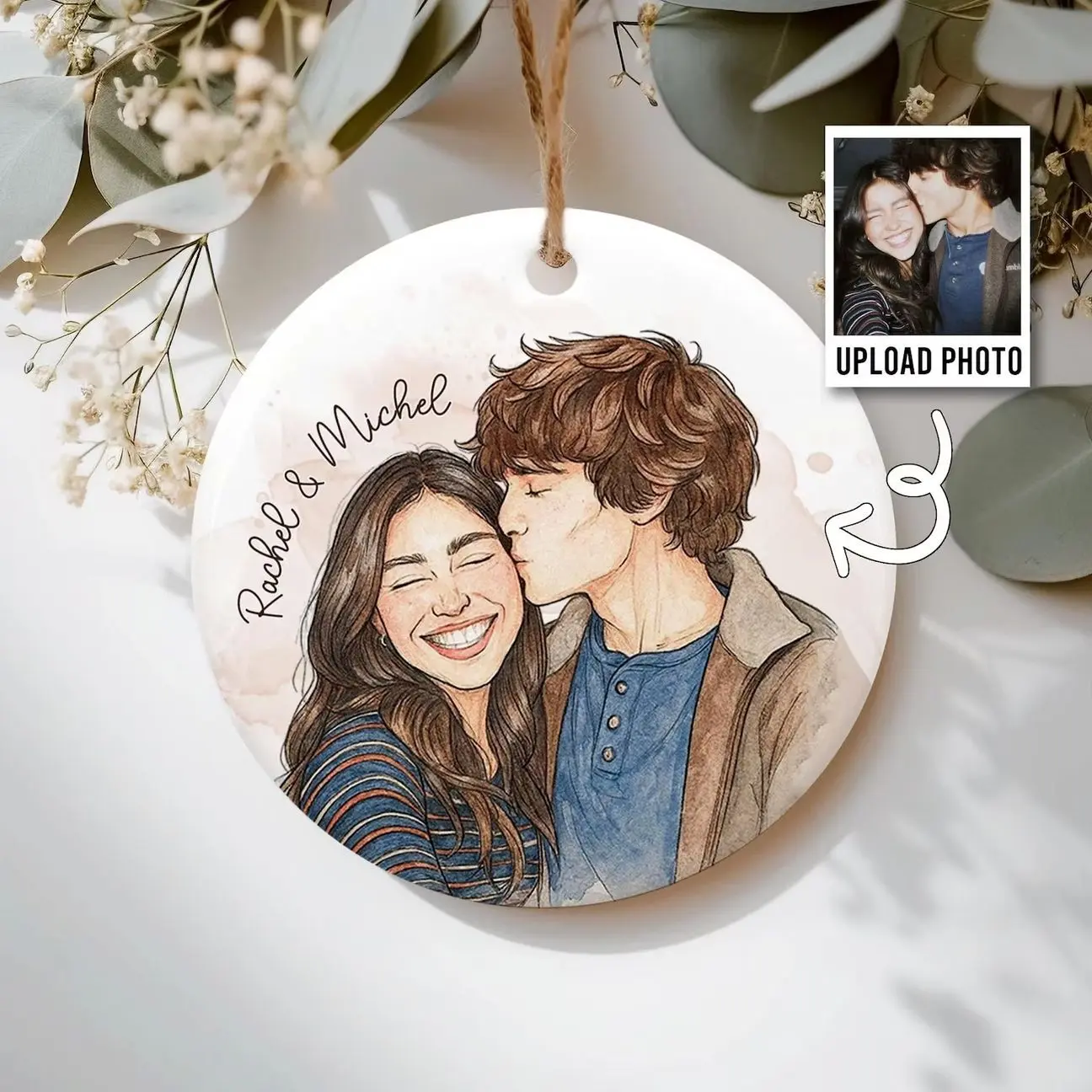 Custom Photo Ornament, Personalized Watercolor Photo Ornaments, Valentine Gift 2026, Family Portrait Ornament, Bestie Gift, Couple Gift