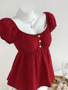 Women’s Square Neck Polka Dot Blouse – Comfortable Short Sleeve Casual Top for Daily Wear & Vacation – Soft Feminine Style