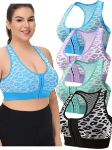 4 pack Plus Size Breathable Mesh Sports Bra with Front Closure - Seamless, Full Coverage, Racerback Design underwear Bralettes for Yoga, Running & Gym - Purple, Removable Pads  Sporty Style Sportswear activewear xl-6xl big size Tank tops Women's Lingerie