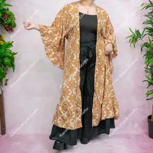 Recycled Silk Robe Kimono with Ruffle Sleeves, Hippie Boho Long Kimono with Pockets, Bridesmaid Robe, One of a Kind, Vintage Loose Comfy Cardigan, Bohemian Duster with Belts, Loose Cardigan, Retro Colors, Fairy Fashion, Open Duster, Gift For Her