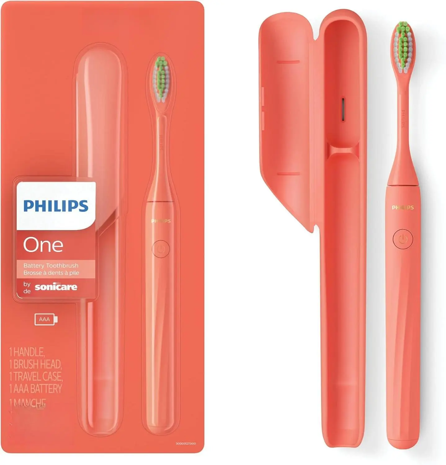 Philips Sonicare One Battery Toothbrush Miami Coral HY1100/01 with Micro Vibrations Soft Nylon Bristles 2 Minute Timer Travel Case Included