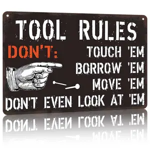 "Tool Rules" Metal Sign 12x8 Inches – Aluminum Funny Workshop & Garage Wall Decor