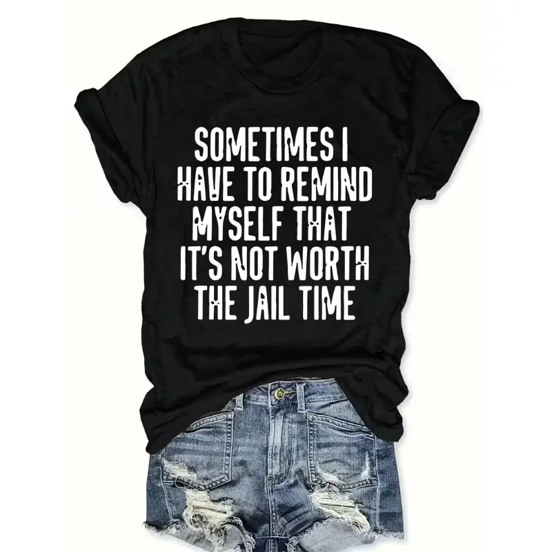 Women's Soft Cotton T-Shirt with Humorous Graphic Print, Casual Short-Sleeve Round Neck Top with Seamless Underarm, Solid