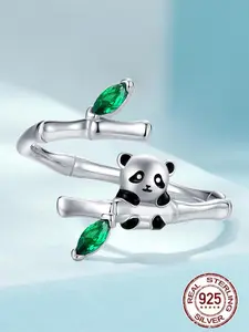 925 Sterling Silver Cute Panda Design Cuff Ring, Adjustable Animal Themed Ring for Women & Girls, Fashion Jewelry for Party, Daily Decor, Exquisite Jewelry for Birthday Gift, Adjustable Rings
