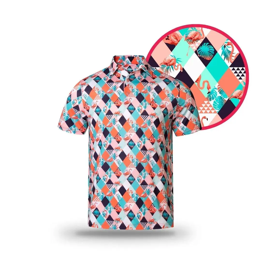 GRUNK DOLFER Menswear Men's Flamingo Dreams Golf Polo Shirt - Vibrant Beach-Inspired Design, Playful Refined Style for Coastal Days