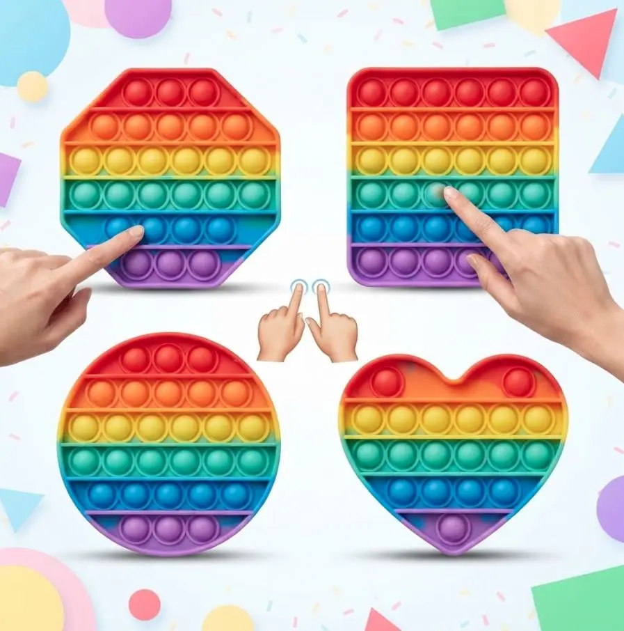4 Pack Rainbow Silicone Pop Fidget Toys, Unisex Stress Relief Fidgets for Anxiety, Toys for Grown Ups & Kids, Fun Party Favors & Small Gifts