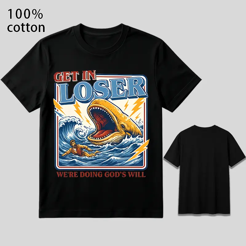 100% Cotton Men’s Jonah and the Whale Graphic T-Shirt, Get In Loser We’re Doing God’s Will Funny Christian Tee, Crew Neck Short Sleeve Casual Faith Shirt backtoschool
