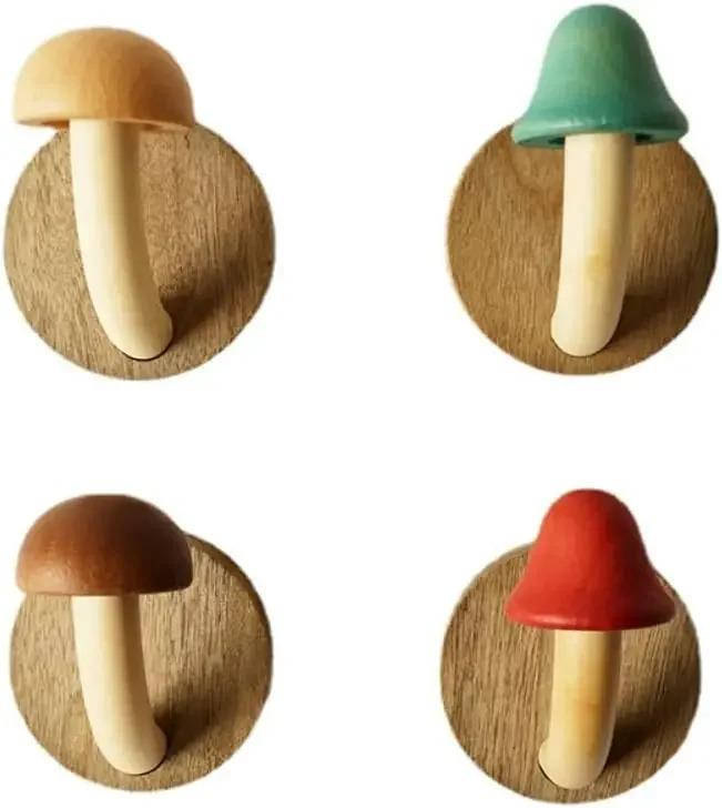 4PCS Wooden Mushroom Coat Hooks, Wall Mounted Towel Hanger, Solid Wood, Colorful, Set of Hooks with Screws (4 hooks & 8 screws)