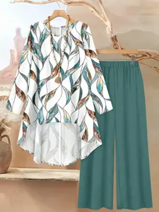 Spring & Fall New Round Neck Printed Jacket Shirt Matching Clothing Set, Casual Fashion Long Sleeve Outerwear, Women's Clothing for Daily Wear