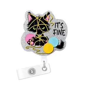 Cartoon Cat Pattern Retractable ID Badge Holder, Acrylic Glitter Retractable Badge Reel, Name Badge Holder for Nurse Doctor Student Worker Volunteer, Badge Decoration