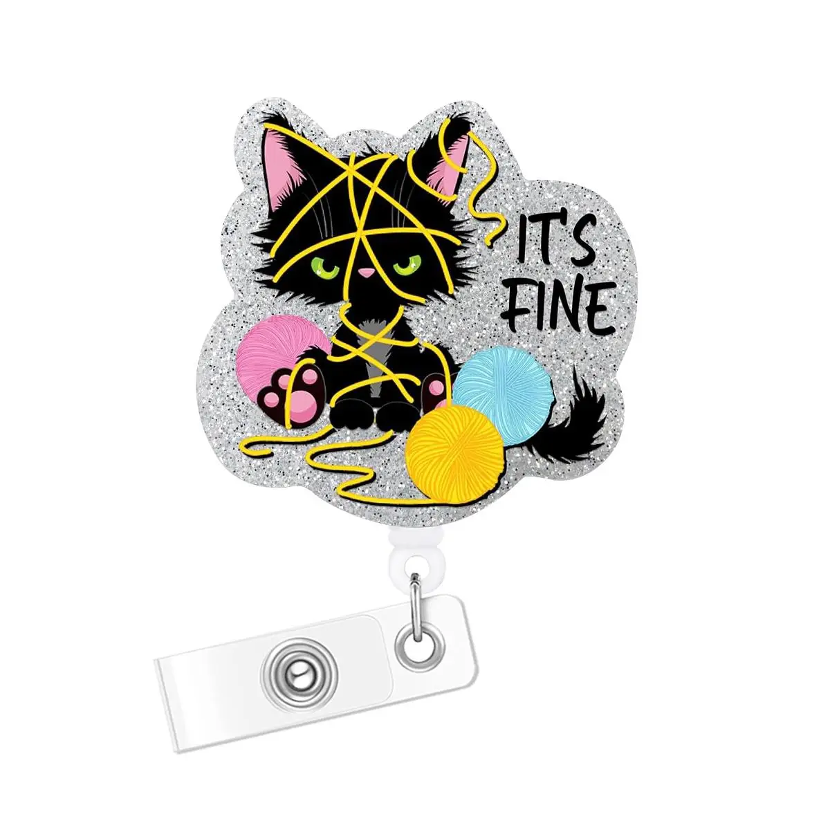 Cartoon Cat Pattern Retractable ID Badge Holder, Acrylic Glitter Retractable Badge Reel, Name Badge Holder for Nurse Doctor Student Worker Volunteer