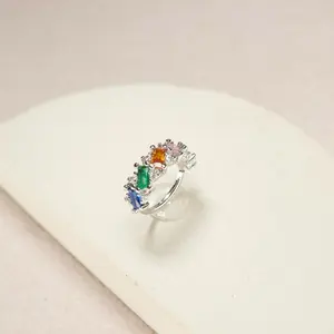 20g Nose Hoop Ring, Silver Baguette Gem Bendable Nose Ring, Multicolor Nose Piercing Jewelry, Body Jewelry