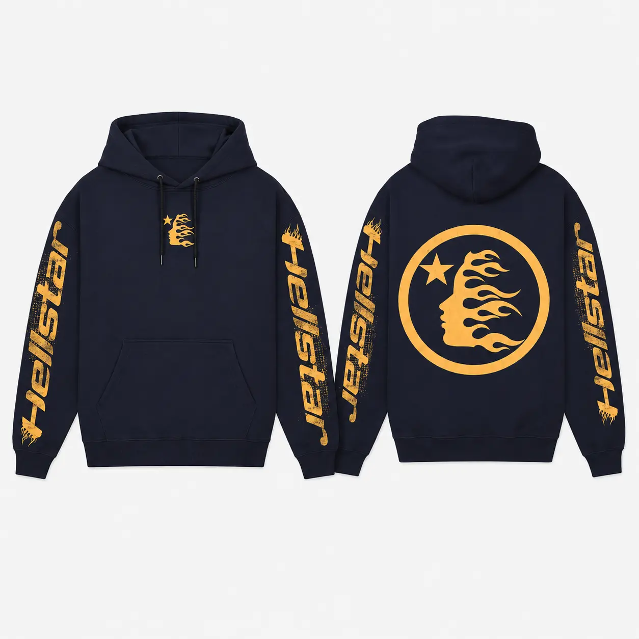 Hell-Star Flame Face Graphic Hoodie, Sleeve Print Y2K Urban Sweatshirt, Bold Graphic Hoodie