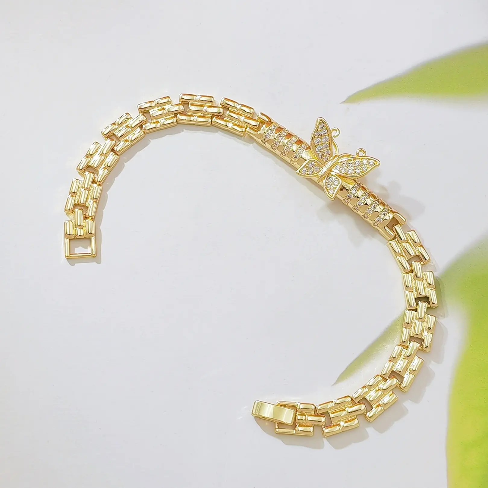 14K Gold Plated Butterfly Link Bracelet for Women, Sparkling CZ Inlaid Watch Band Style Chain Bracelet, Dainty Luxury Wrist Jewelry, Adjustable Waterproof Bracelet for Daily Wear & Gifting