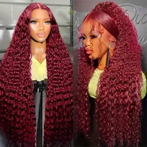 Burgundy 28 30 Inch Deep Wave 99J Wig Human Hair 13X6 Transparent Lace Frontal Wigs For Black Women Pre Plucked Natural Hairline Colored Water Curly Wave Lace Frontal Wigs