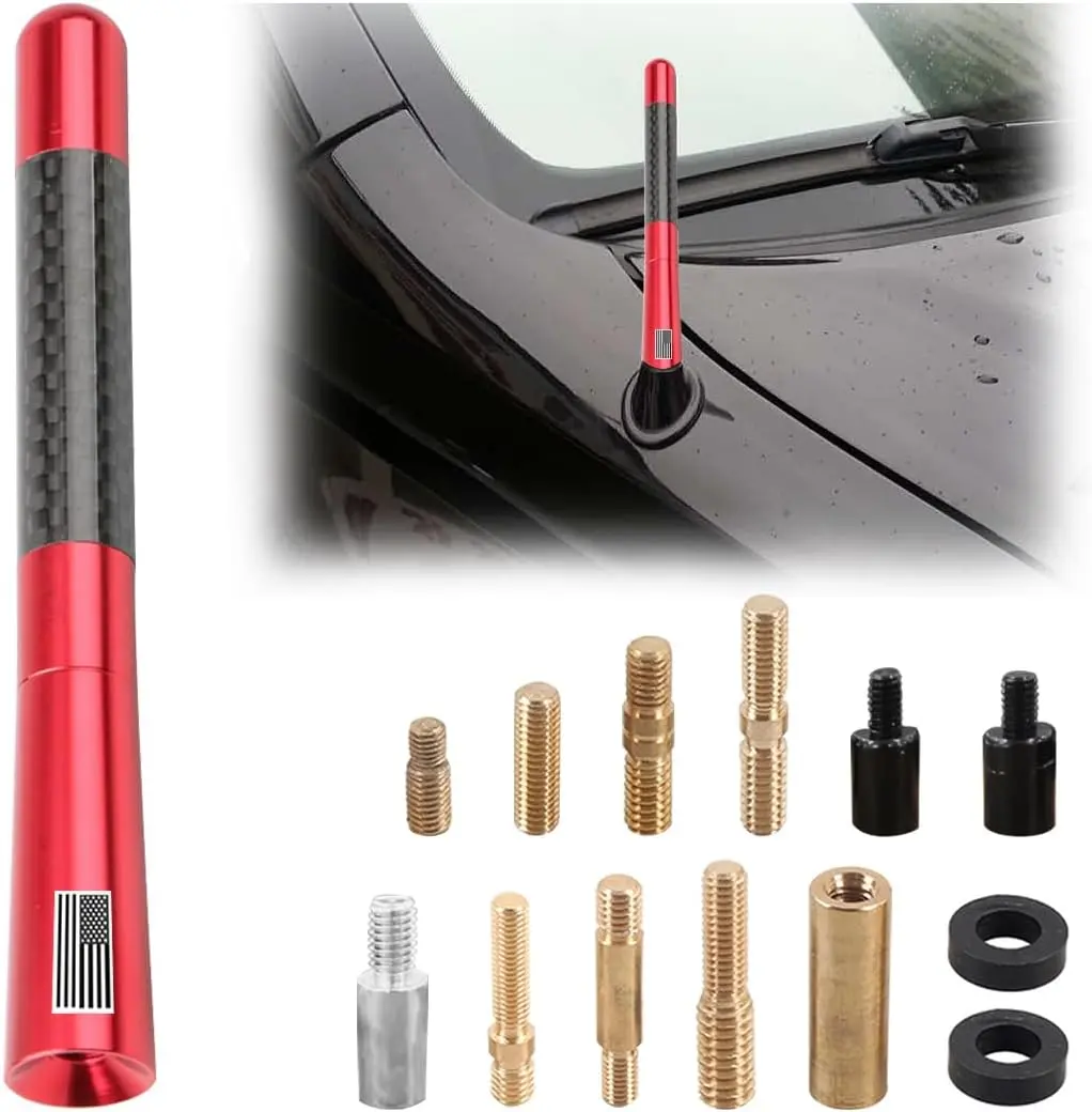 Carbon Fiber Short Bullet Truck Antenna - American Flag Design, Universal Fit, Anti-Theft, Car Wash Safe Replacement, Car Screw Hole Installation, Copper Core Build, Alloy Strength, Sporty Look, Exterior Truck Accessory, Bullet Antennas, Screw‑In Install