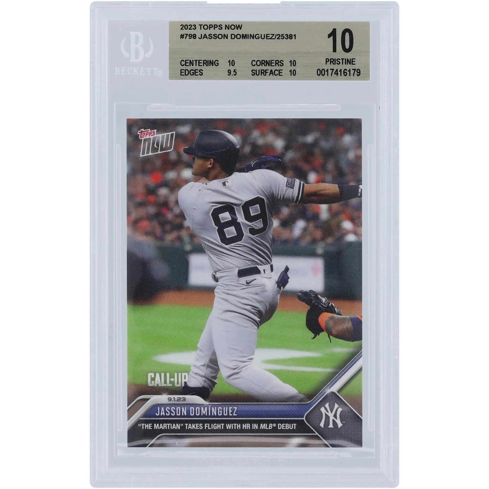 Jasson Dominguez New York Yankees 2023 Topps Now HR in MLB Debut #798 BGS Authenticated 10 Rookie Card - 10,10,9.5,10 Subgrades
