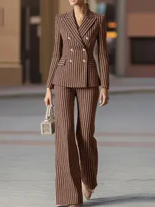 Women's Casual Striped Fitted Set, Suit, Blazer Neck Long Sleeve Button-Up Jacket + Elastic Waist Straight Leg Pants, Daily Commute