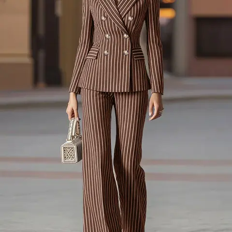 Women's Casual Striped Fitted Set, Suit, Blazer Outfits, Blazer Neck Long Sleeve Button-Up Jacket + Elastic Waist Straight Leg Pants, Daily Commute, High Waisted Suits