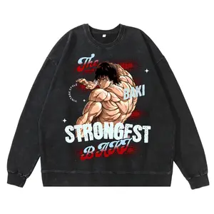 Washed and old, Fanma edged teeth Baki Hanma animation retro crew neck sweater