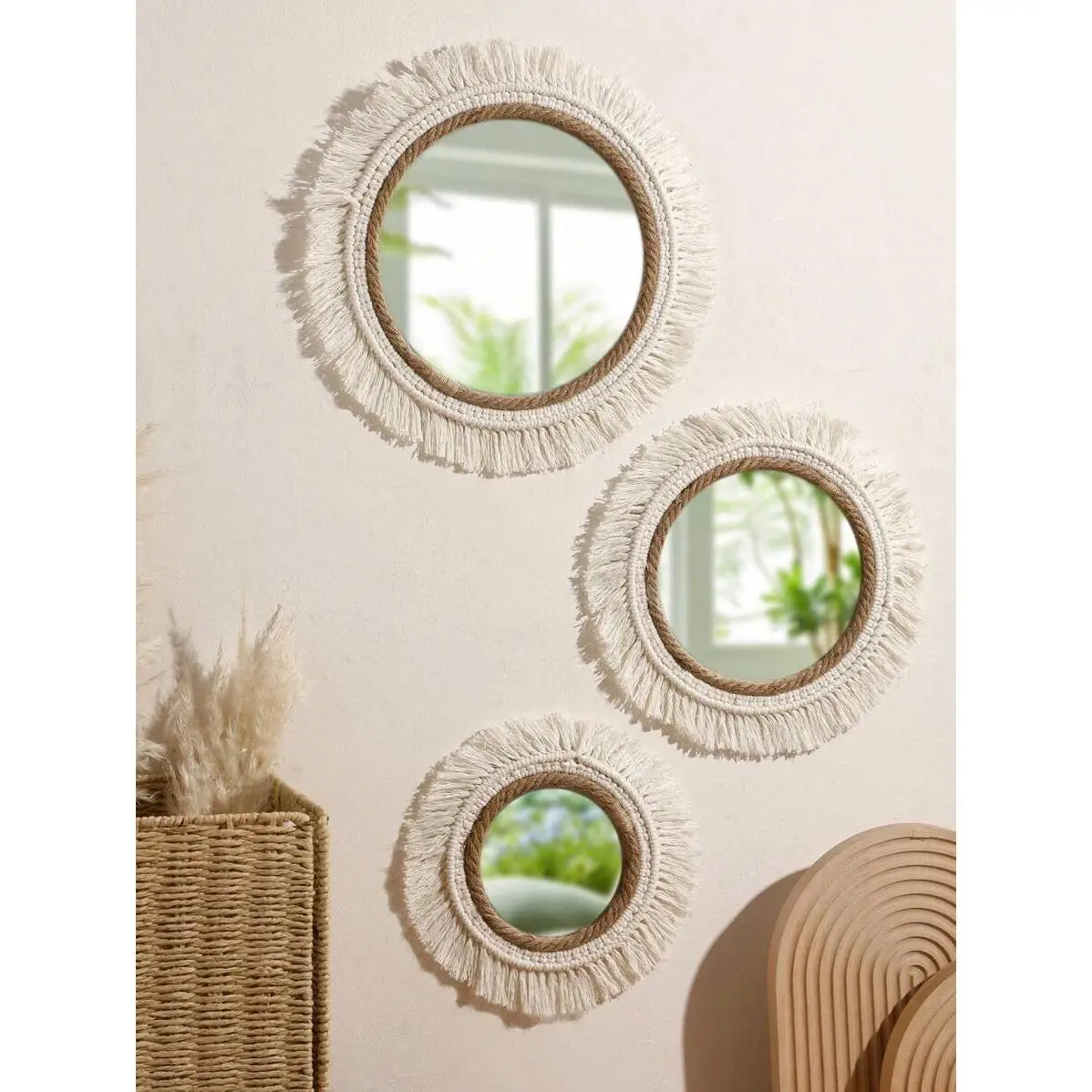 1pc Bohemian Style Sun-Shaped Wall Mirror, Woven Decorative Mirror, Suitable For Living Room, Bedroom, Entryway, Kids Room, Bathroom, Creating Boho Farmhouse Decor Wall Art