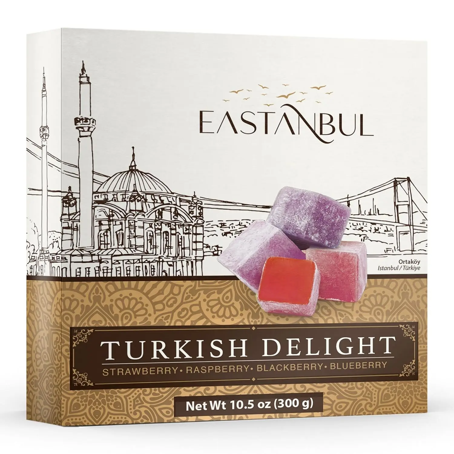 Eastanbul Turkish Delight, 10.5oz, Turkish Delights Candy Assorted Strawberry, Blackberry, Raspberry & Blueberry Flavor, International Candy, Lokum, Plain, Gluten Free, No Synthetic Ingredient, Vegan
