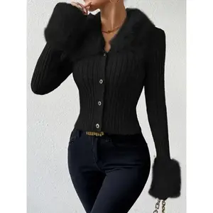 Elegant Faux Fur Collar Cardigan Sweater for Women HX375904 Sexy Solid Color Knit Polyester with Button Detail for Fall/Winter Collection Micro Elasticity Knitting Black Long Sleeve Knitwear