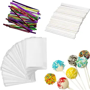 300 PCS Cake Pop Sticks and Wrappers Kit, 100ct 4-inch Papery Lollipop Treat Sticks, 100ct Clear Bags, 100ct Colorful Twist Ties for Cake Pops, Chocolates and Cookies