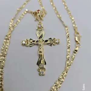 Christ on the cross beautiful pendant style with stones regular chain 24"inches GOLD-PLATED