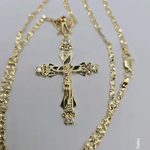 Christ on the cross beautiful pendant style with stones regular chain 24"inches GOLD-PLATED