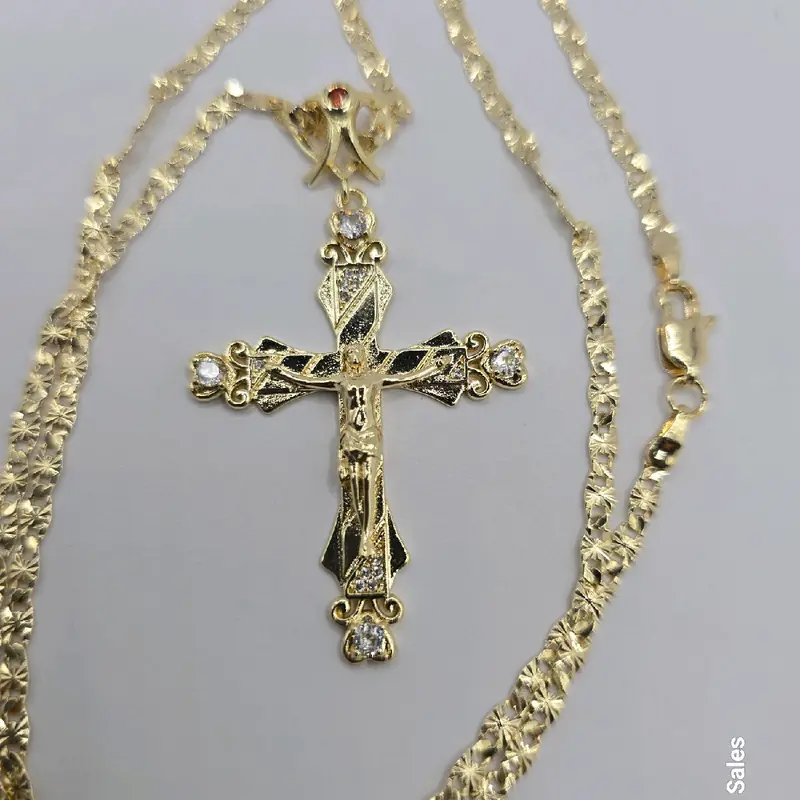 Christ on the cross beautiful pendant style with stones regular chain 24"inches GOLD-PLATED